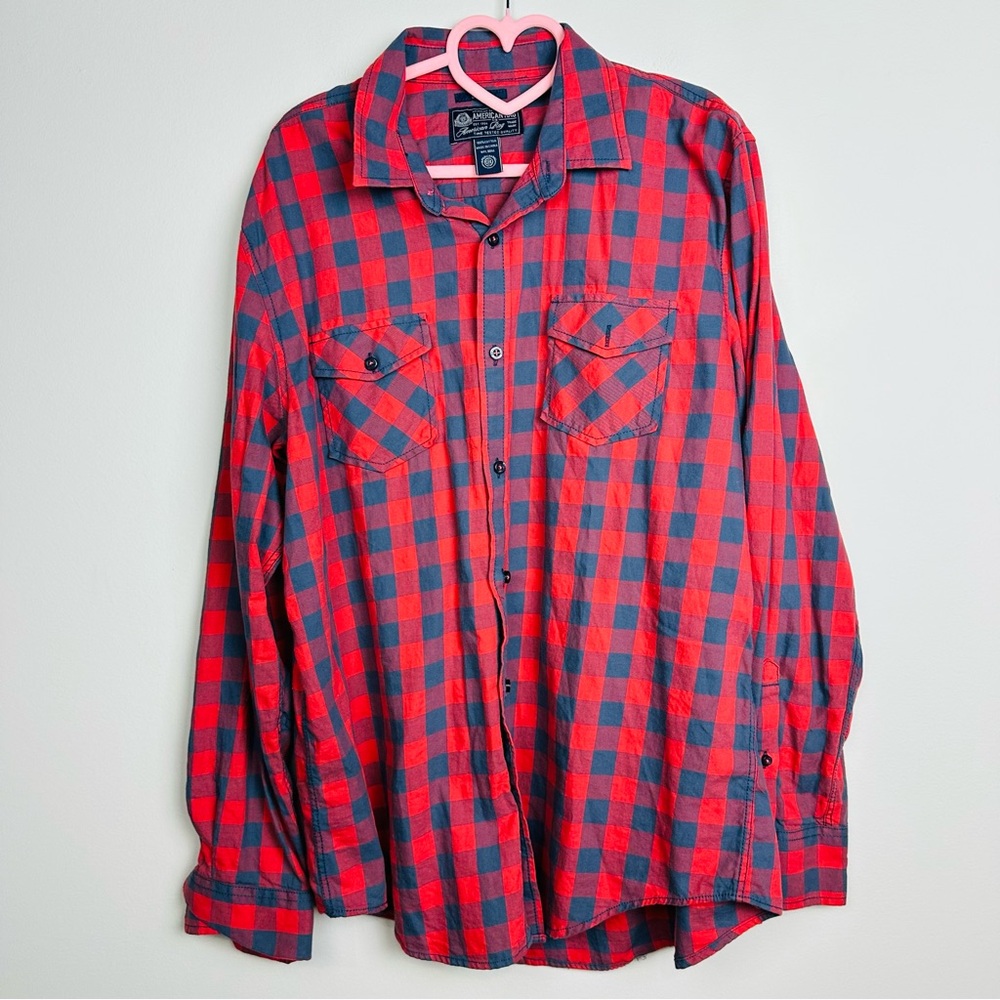 American Rag Red and Blue Checkered Long Sleeve button down Shirt Size Large
